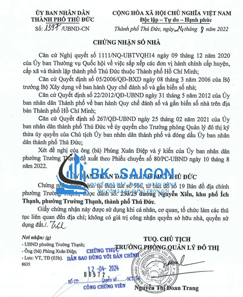 Dịch vụ xin cấp chứng nhận số nhà sau hoàn công tại Tp. HCM